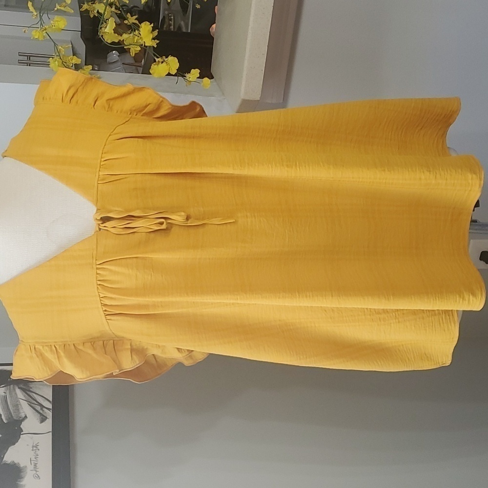 FRED DAVID, 1X blouse. Mustard yellow.‎ Tie at top ruffle sleeves. Very cute.